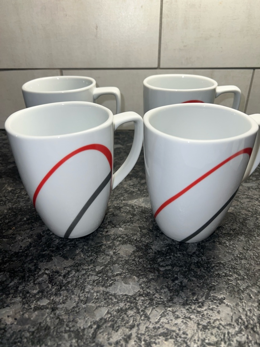 Corelle Coordinates White Ceramic Mugs SIMPLE LINES Red & Gray Swirl - Set of 4.